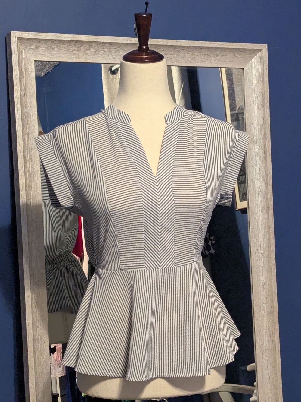 Monteau White & Navy Striped Peplum Top